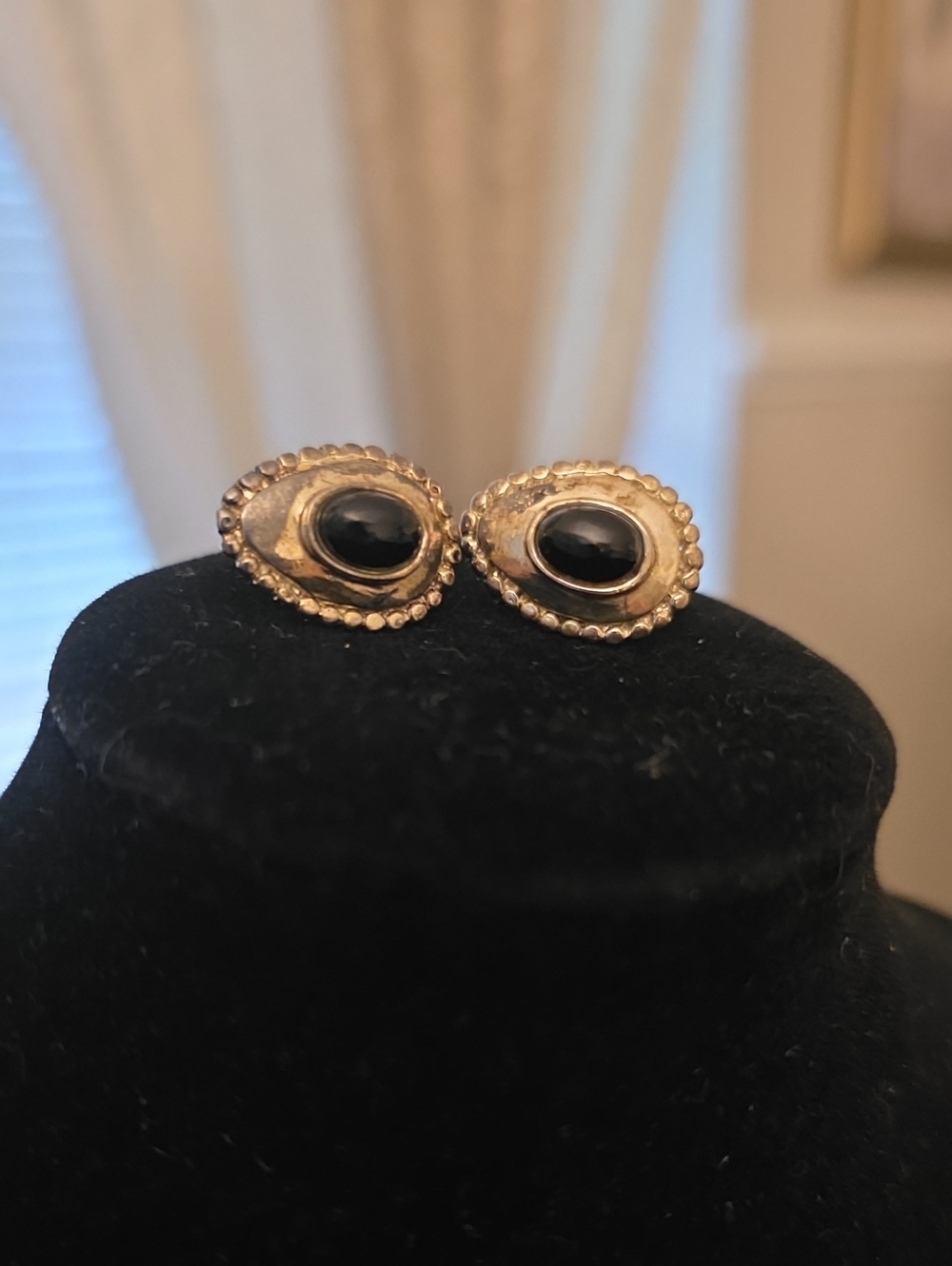 Gold-Tone Oval Black Stone Stud Earrings